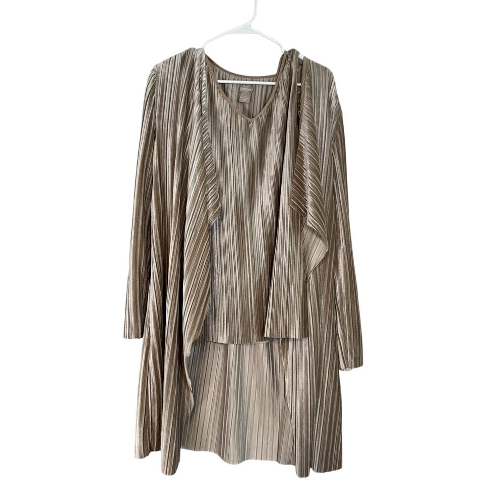 Chicos Open Duster Tank Twinset Cream Beige Velour Ribbed Womens 2 Large Holiday